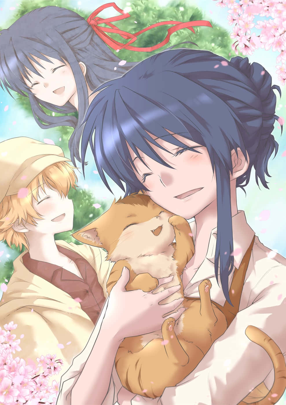 Anime Karakterer Nyter Kirsebærblomster Med Katt Bakgrunnsbildet