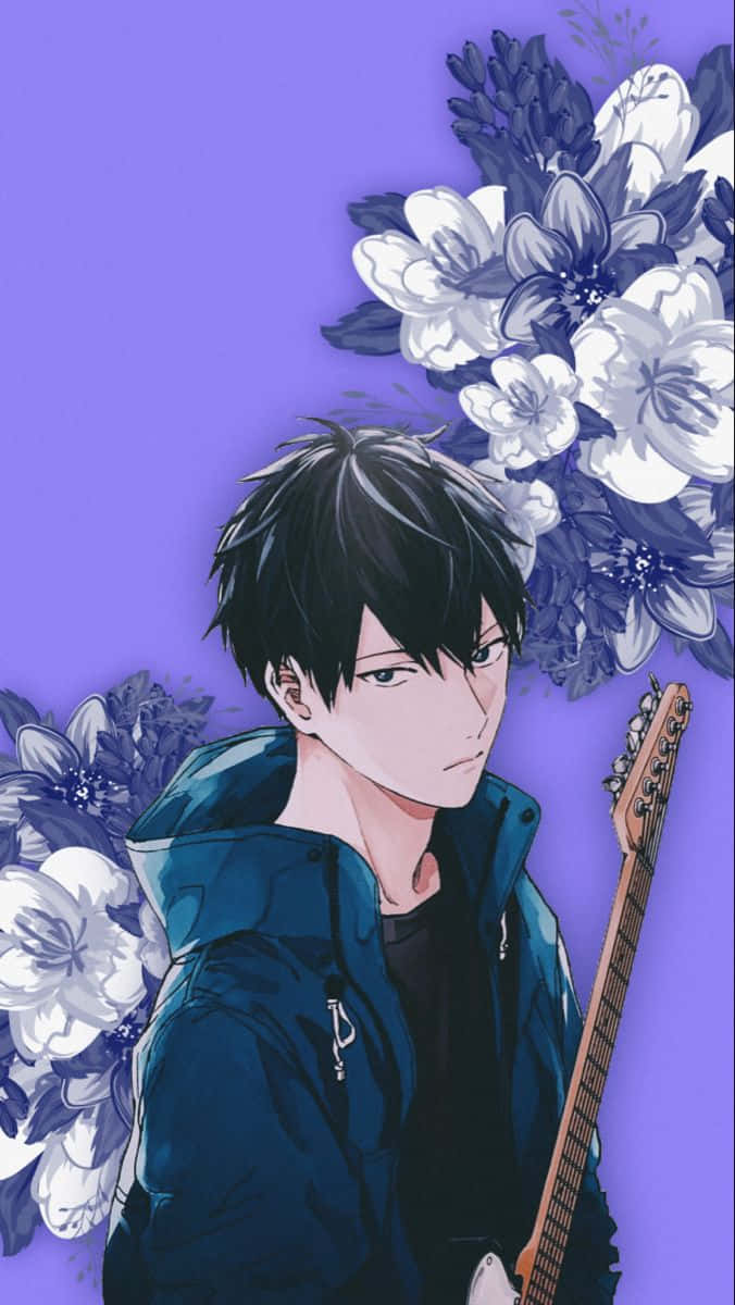 Personnage D'anime Avec Guitare Et Fond Floral Fond d'écran