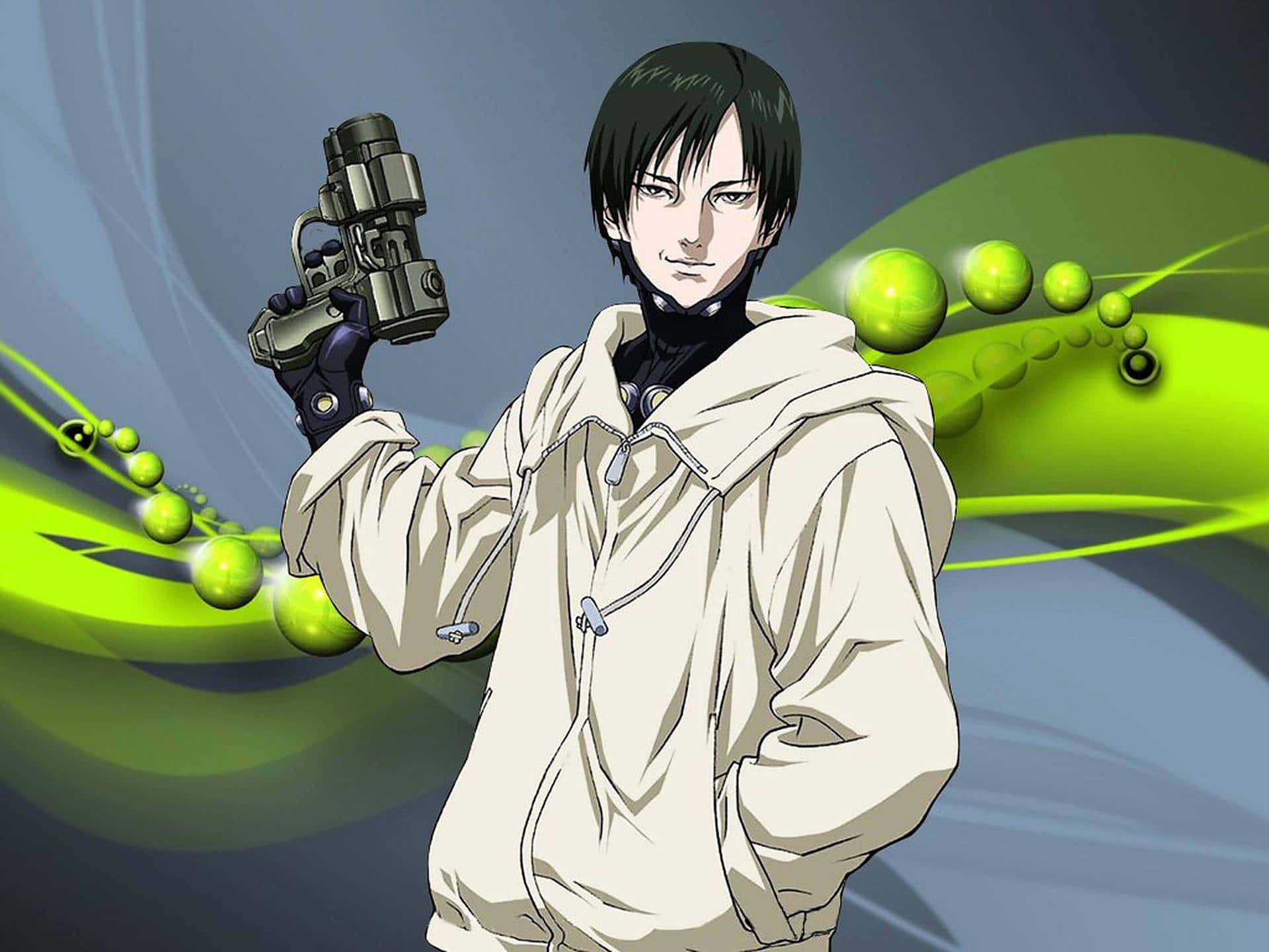 Anime Characterwith Gunand Green Energy Balls Wallpaper
