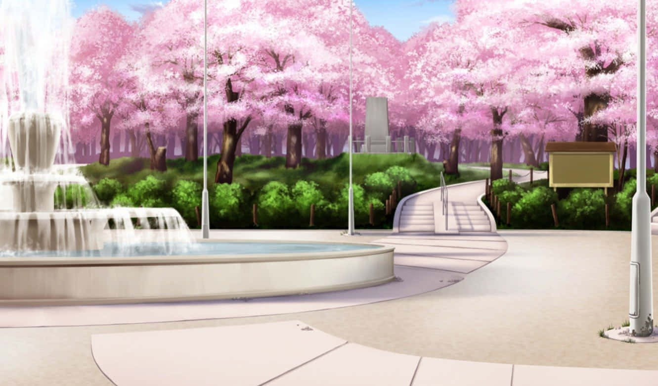 Fondode Pantalla De Anime Con Fuente De Cerezos En Flor