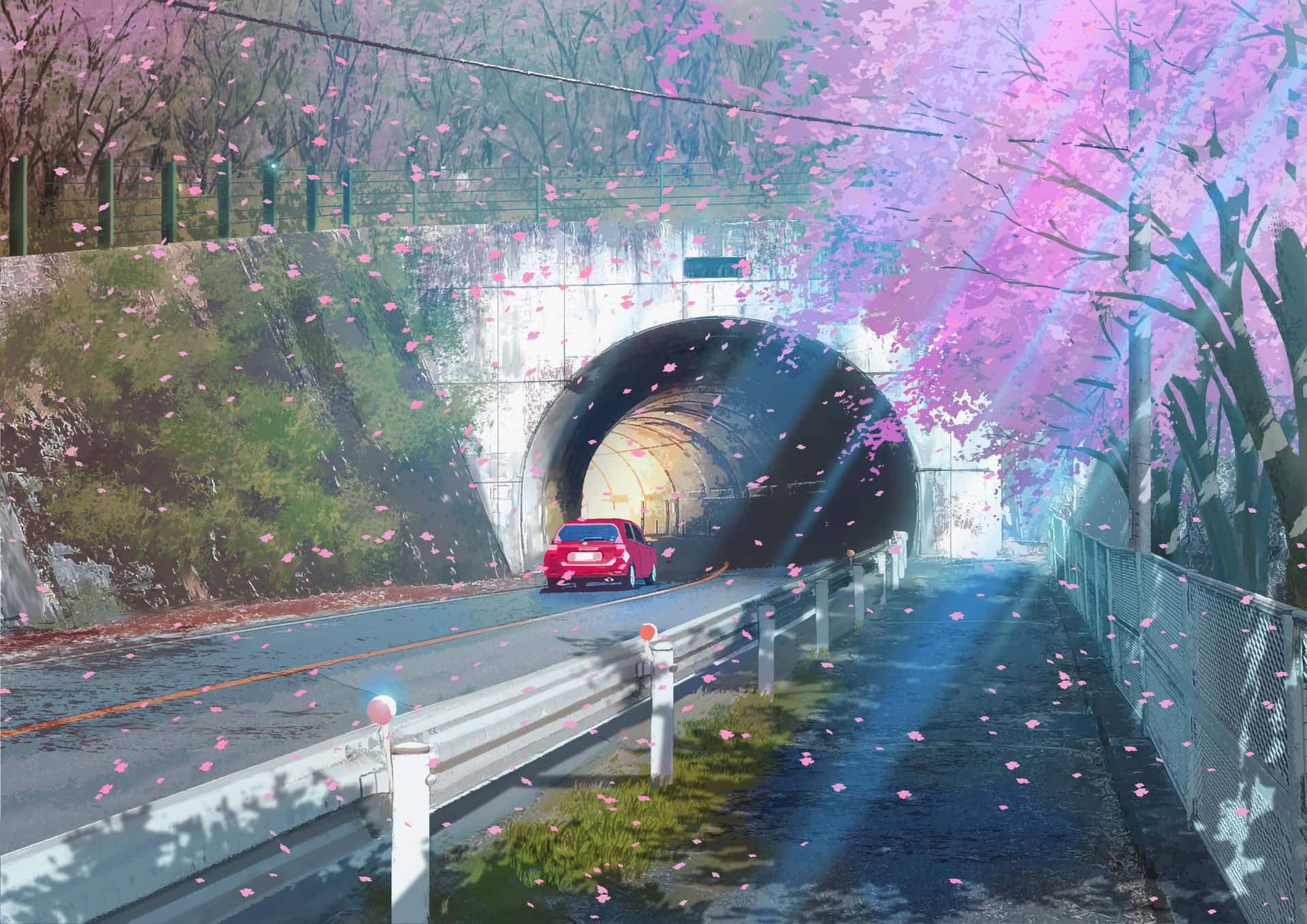 Sfondodi Un Tunnel Stradale Con Ciliegi In Fiore Anime.