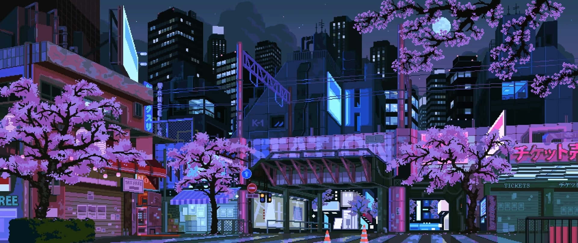 Animekörsbärsblomma Stadsbyggnader Bakgrund