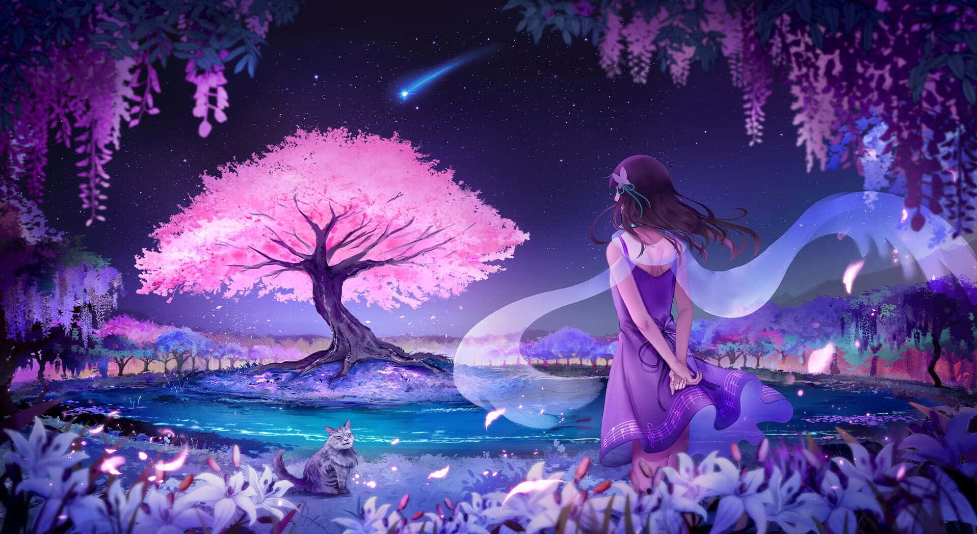 Anime Cherry Blossom Lake Background