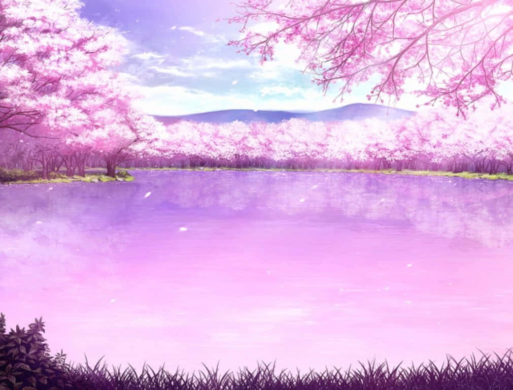 Fondode Pantalla De Anime Con Cerezos En Flor Y Un Cielo Brillante.
