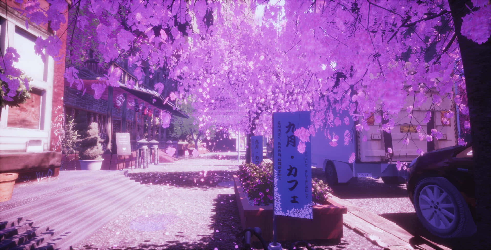 Fondode Pantalla De Vehículos De Anime Con Cerezos En Flor