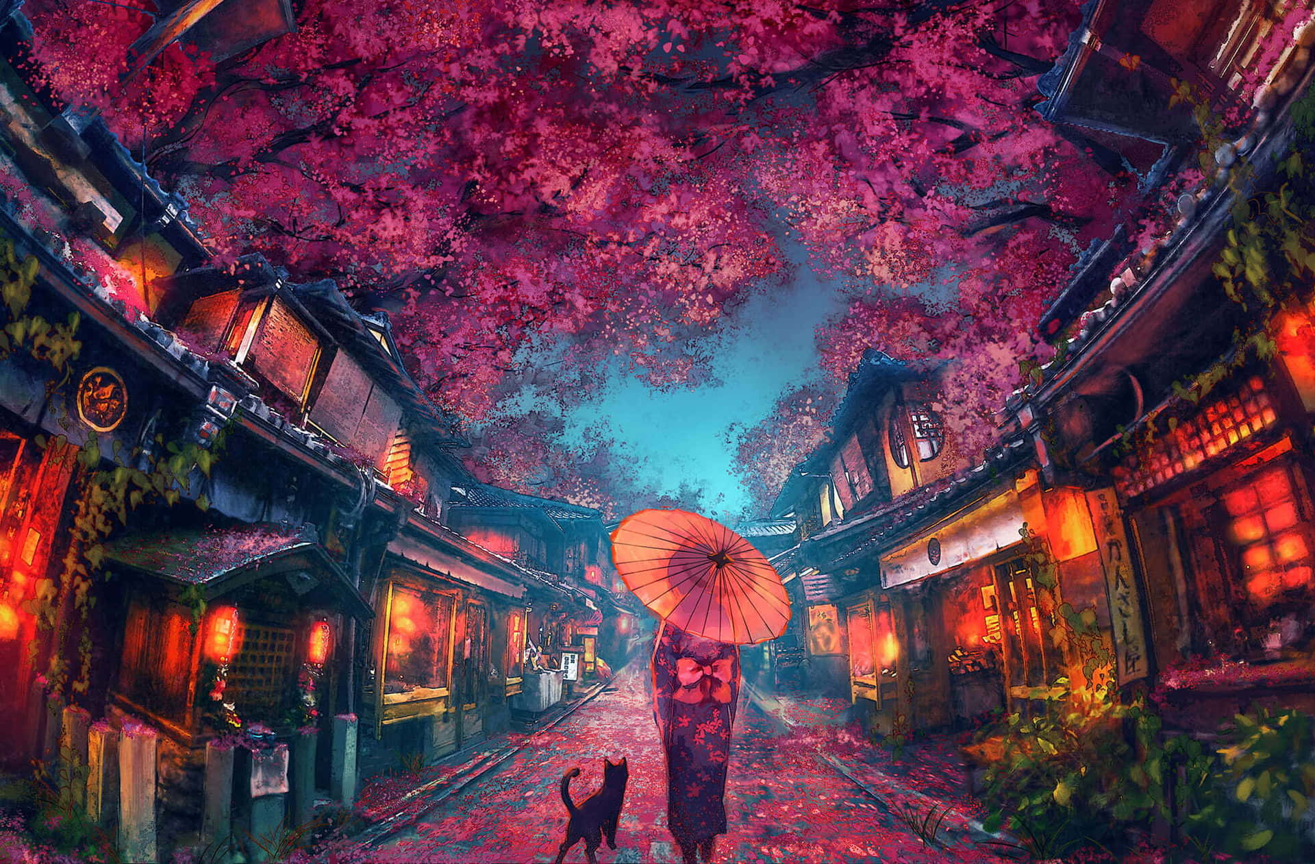 Anime Cherry Blossom Stores Background