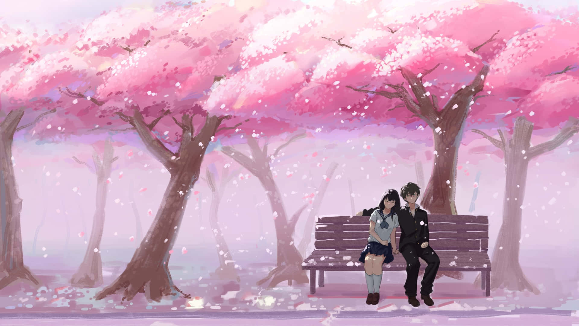 Anime Cherry Blossom Couple Bench Background
