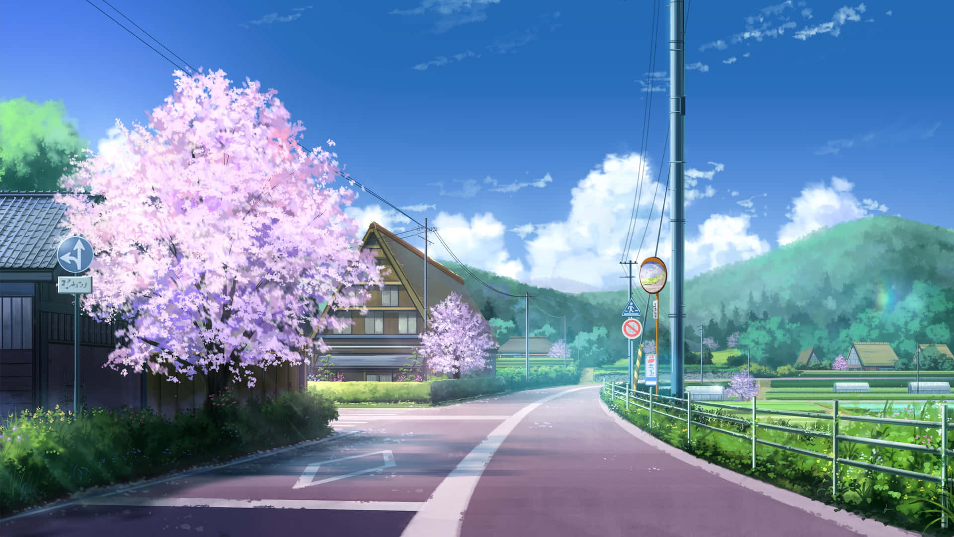 Sfondodi Computer O Mobile: Casa Su Strada Con Ciliegi In Fiore Di Anime.