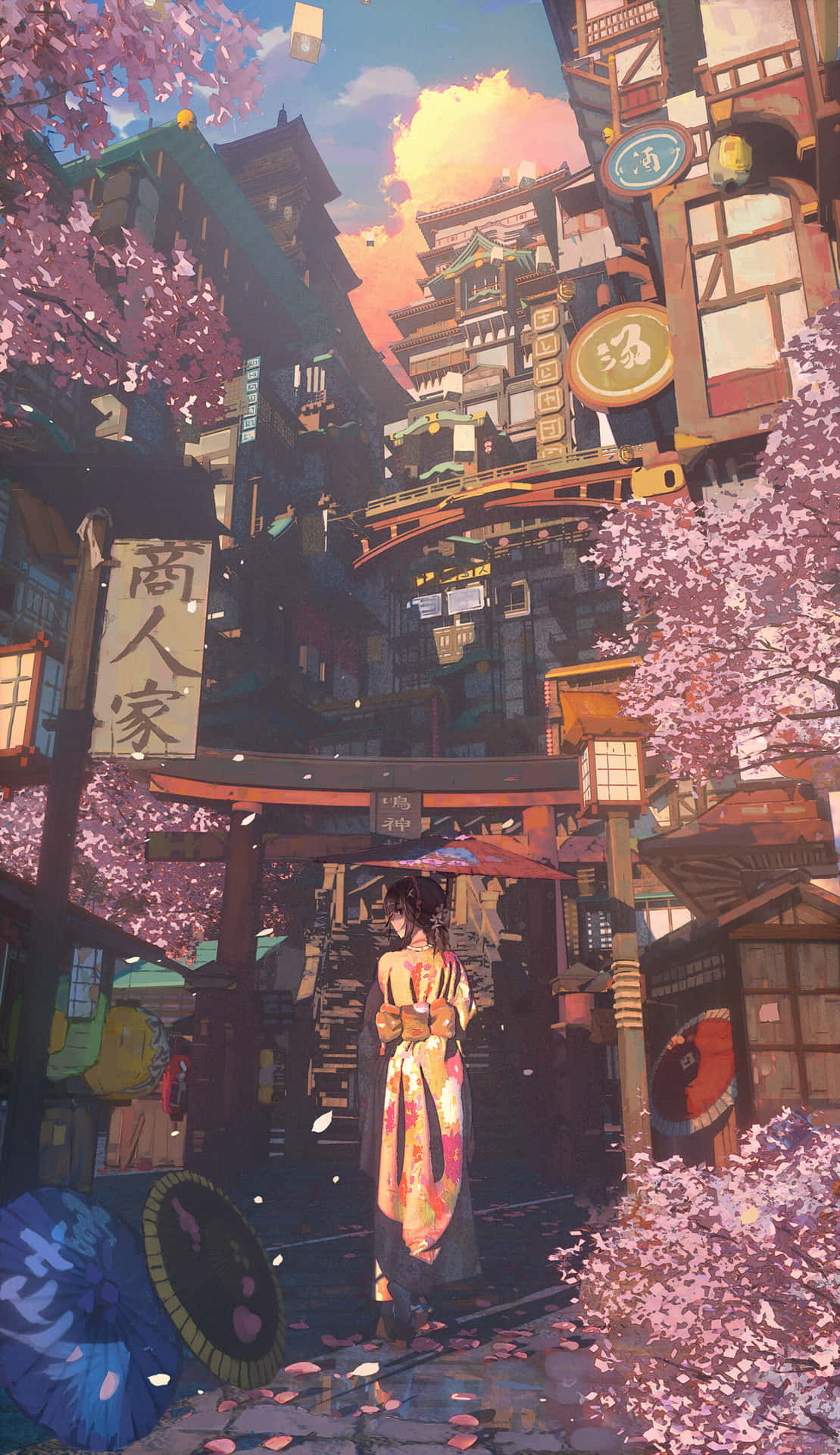 Anime torii gate sakura blossom dream moon