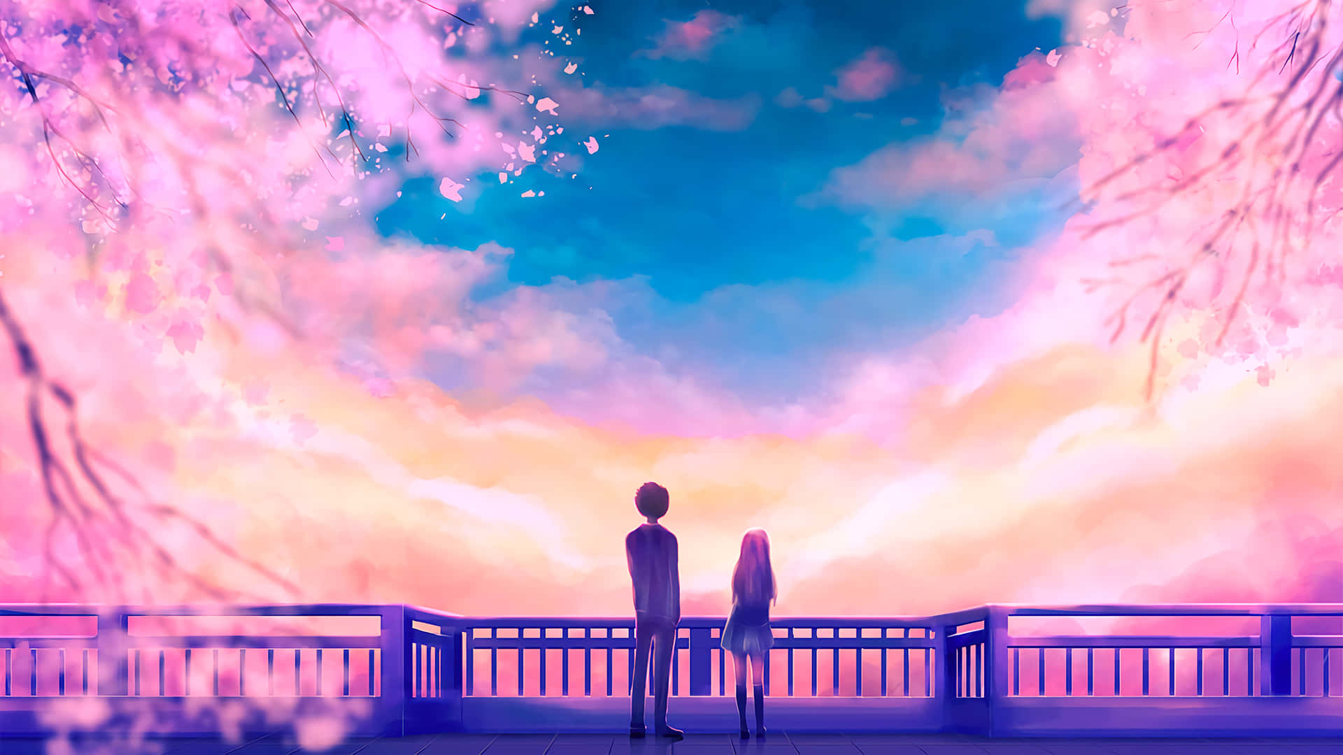 Anime Cherry Blossom Sunset Romance Wallpaper