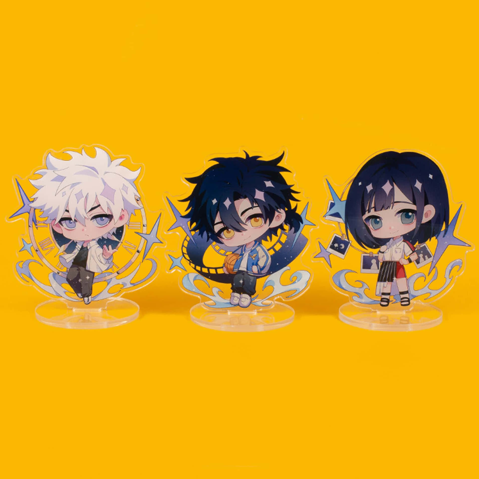 Anime Chibi Character Standees Yellow Background Wallpaper