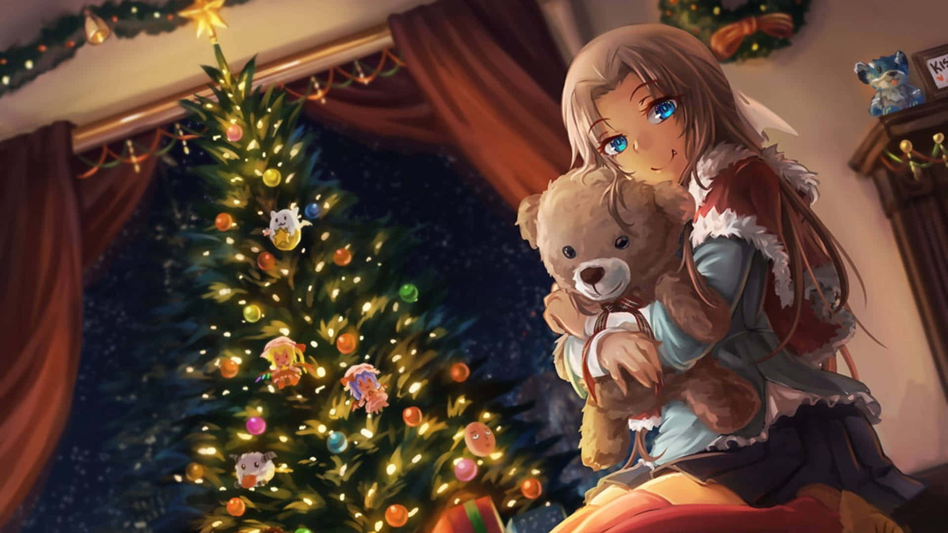 A festive Anime Christmas background with snow-capped tree and adorable characters celebrating the holiday.
