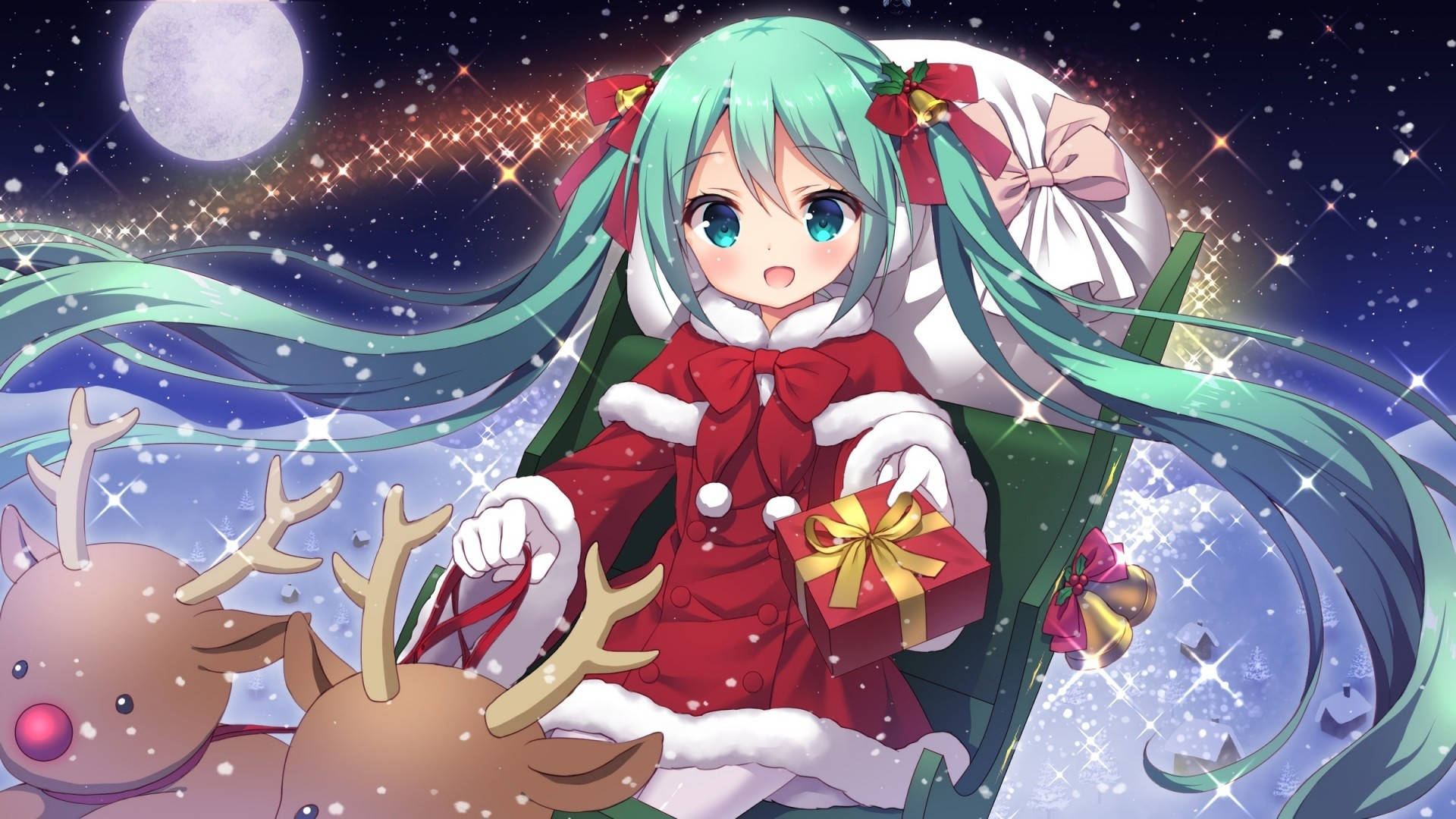 Anime Christmas Chibi Miku With Reindeers Wallpaper