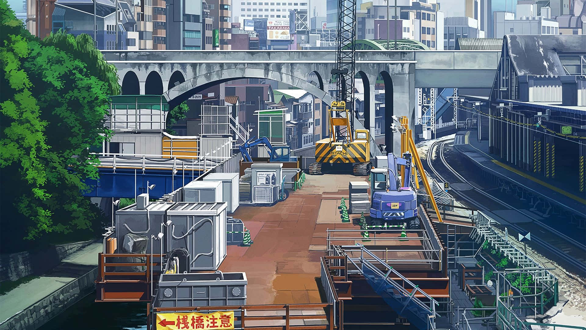 Anime City Baggrund viser en smuk anime byscene.