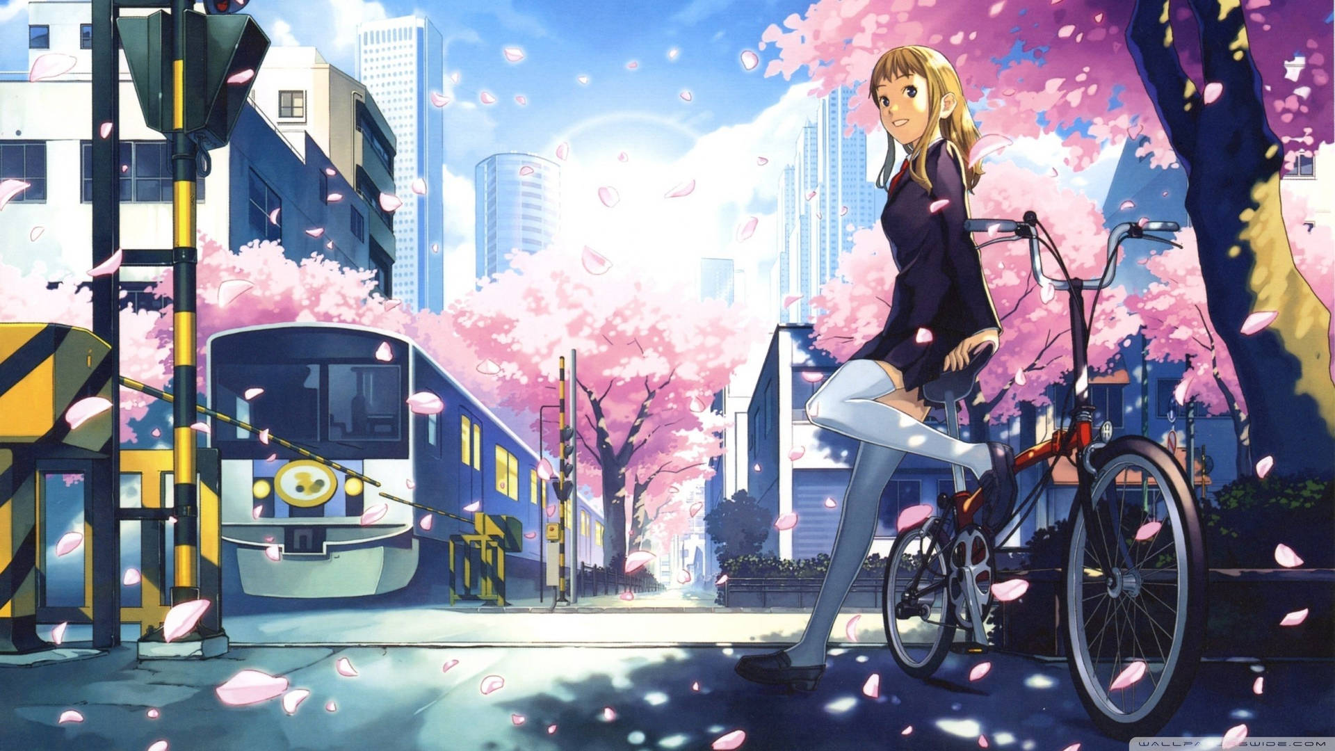 A Girl Biking Through the City of Anime Dreams Wallpaper