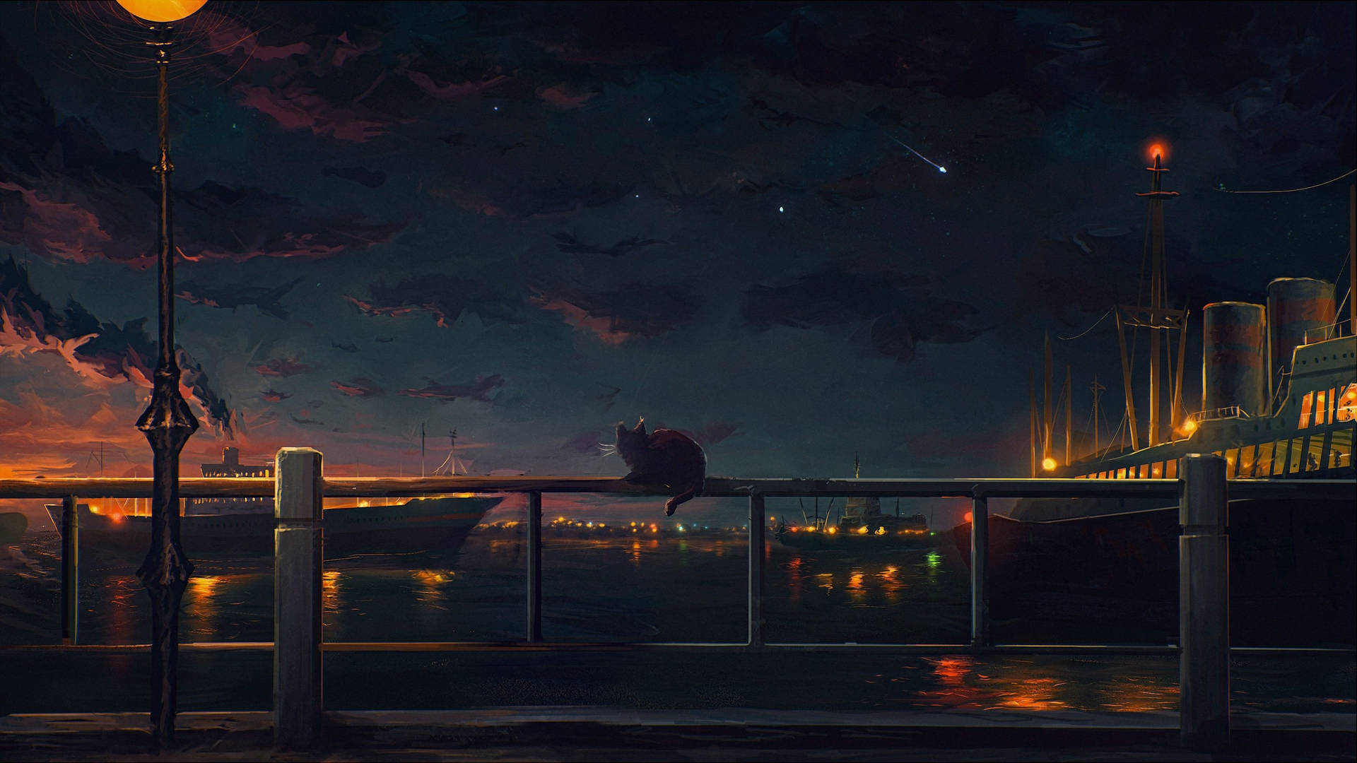 Anime City Ocean Night View Wallpaper