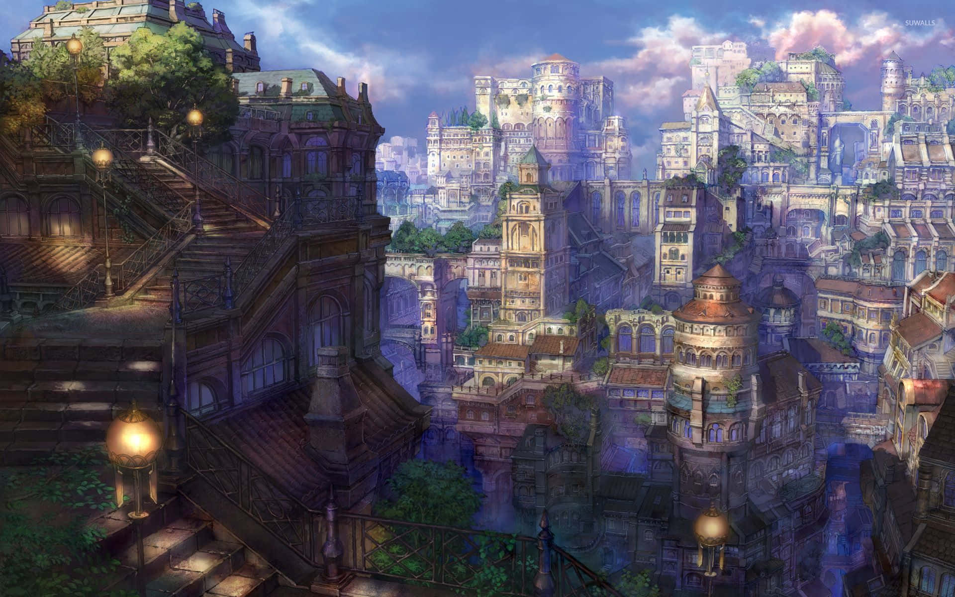 Vibrant Skyline af Stunning Anime Byen