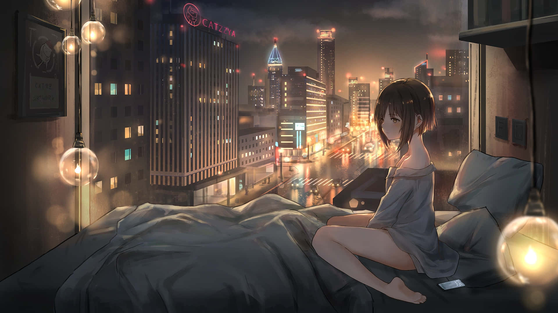 Hochhausgefülltesnachtpanorama Einer Anime-stadt