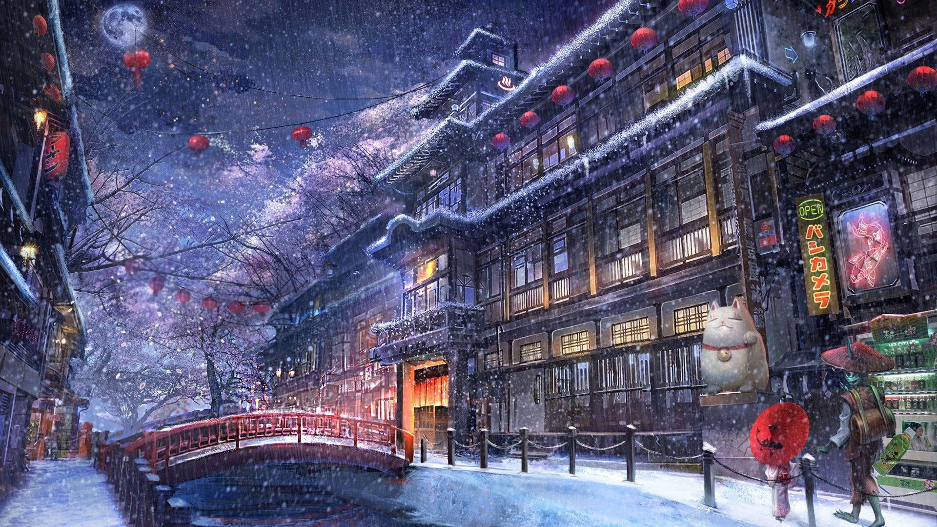 Stroll Through the Snow-Covered Streets of Anime City Wallpaper
