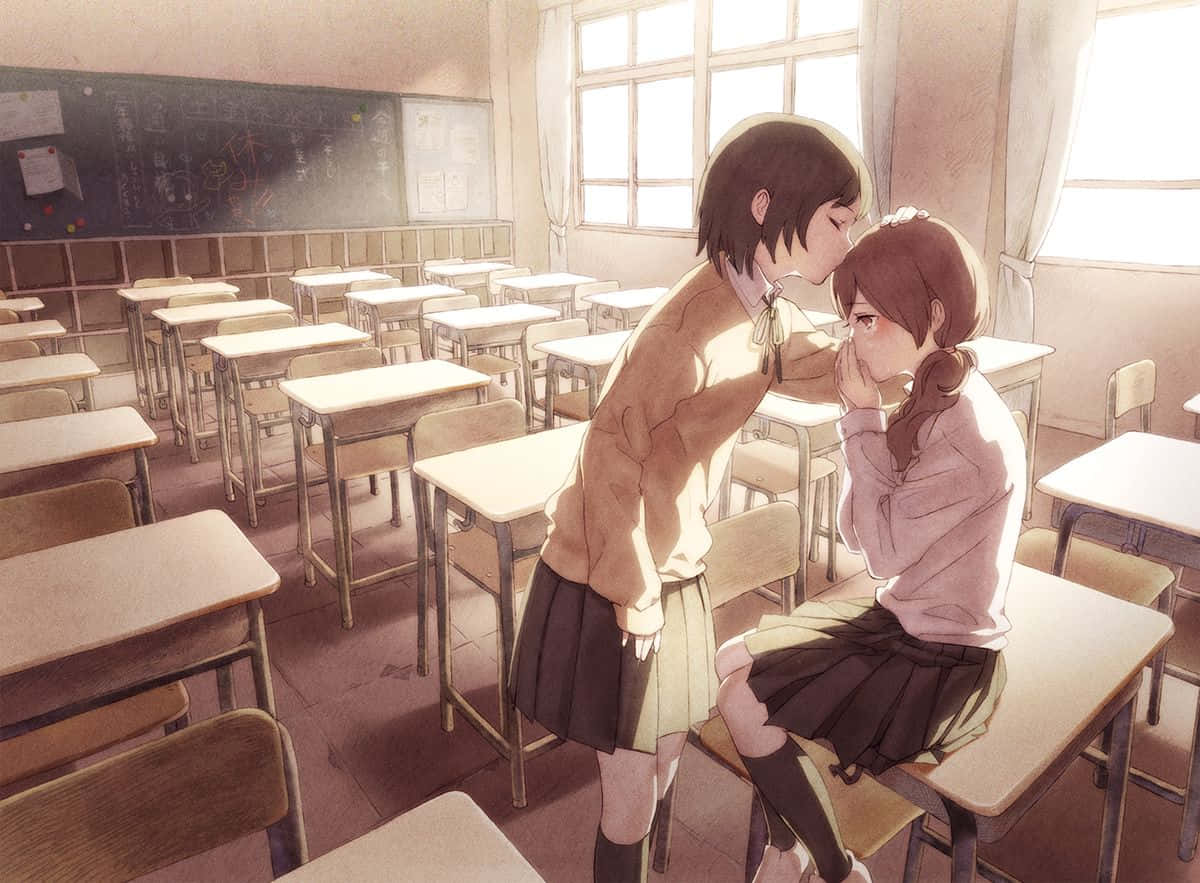 Two Girls Kissing In An Empty Classroom