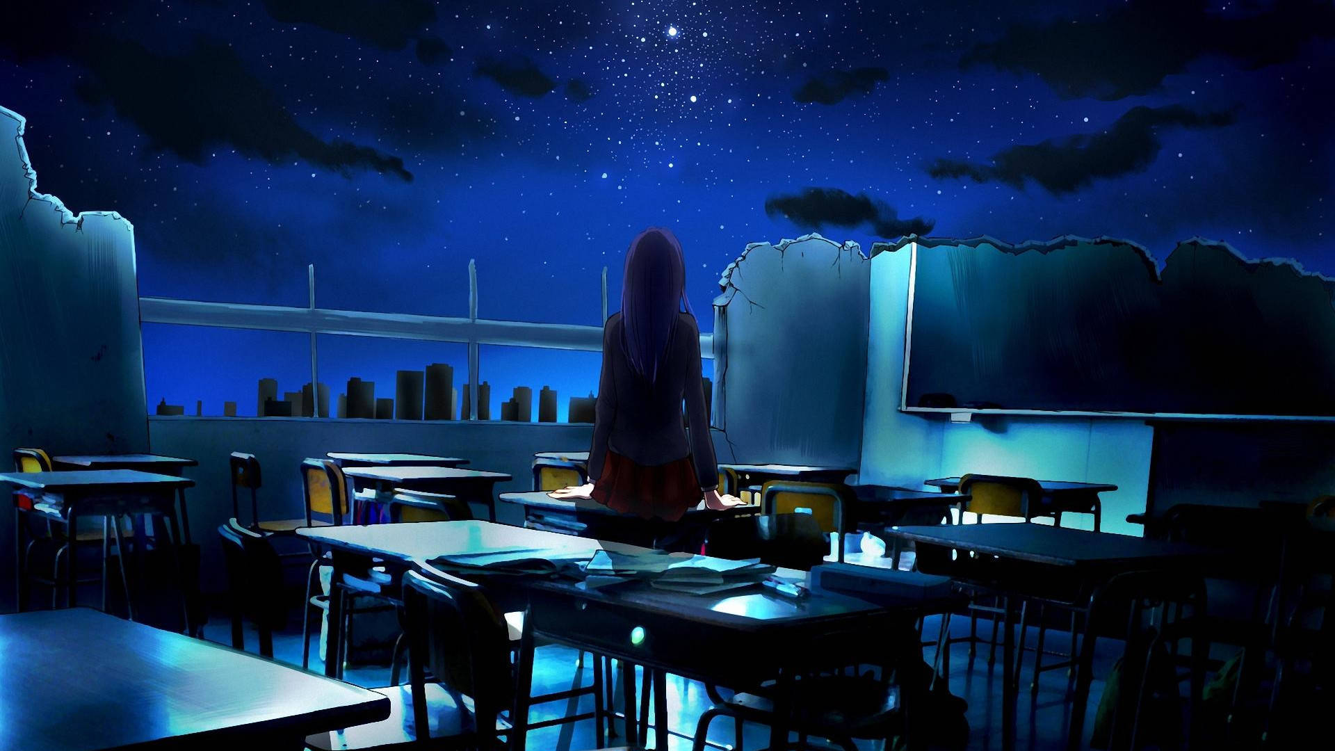 Anime Classroom In Destroyed Building Wallpaper