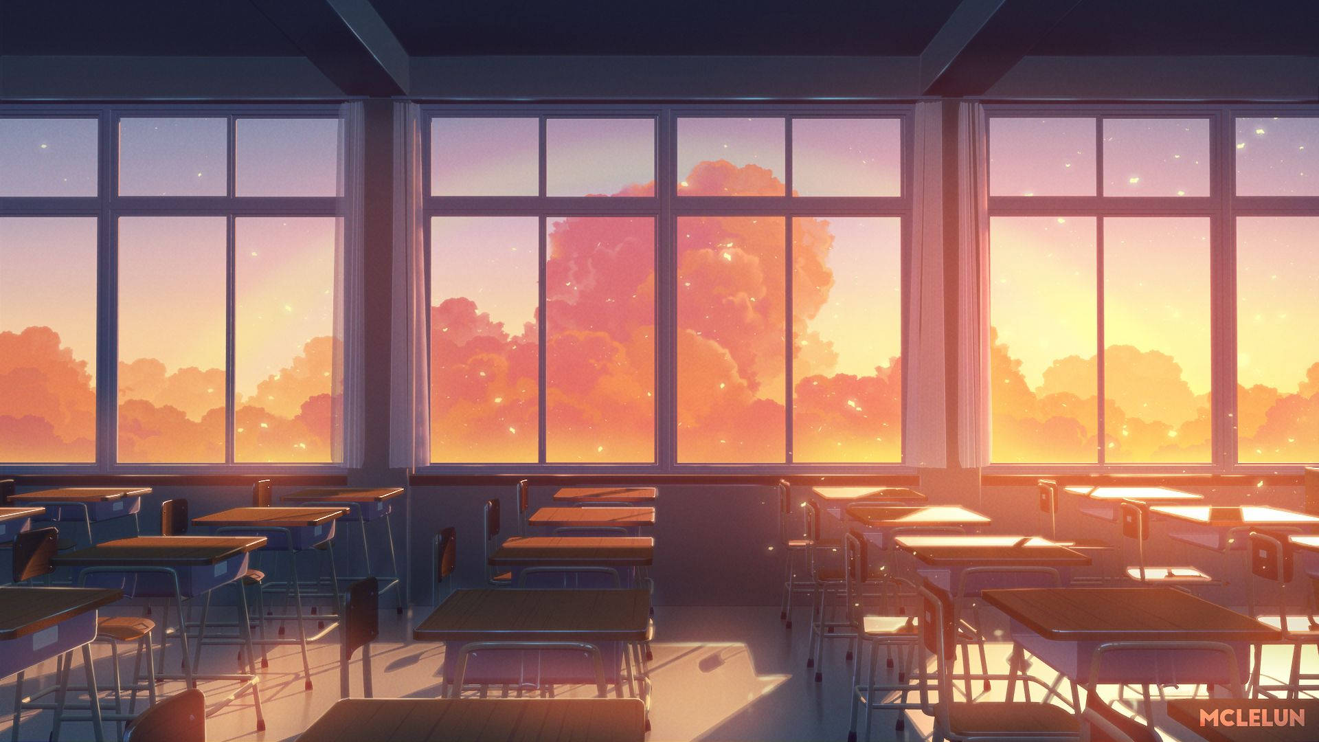 Animeklassrum Solnedgångsfönster Vy Wallpaper
