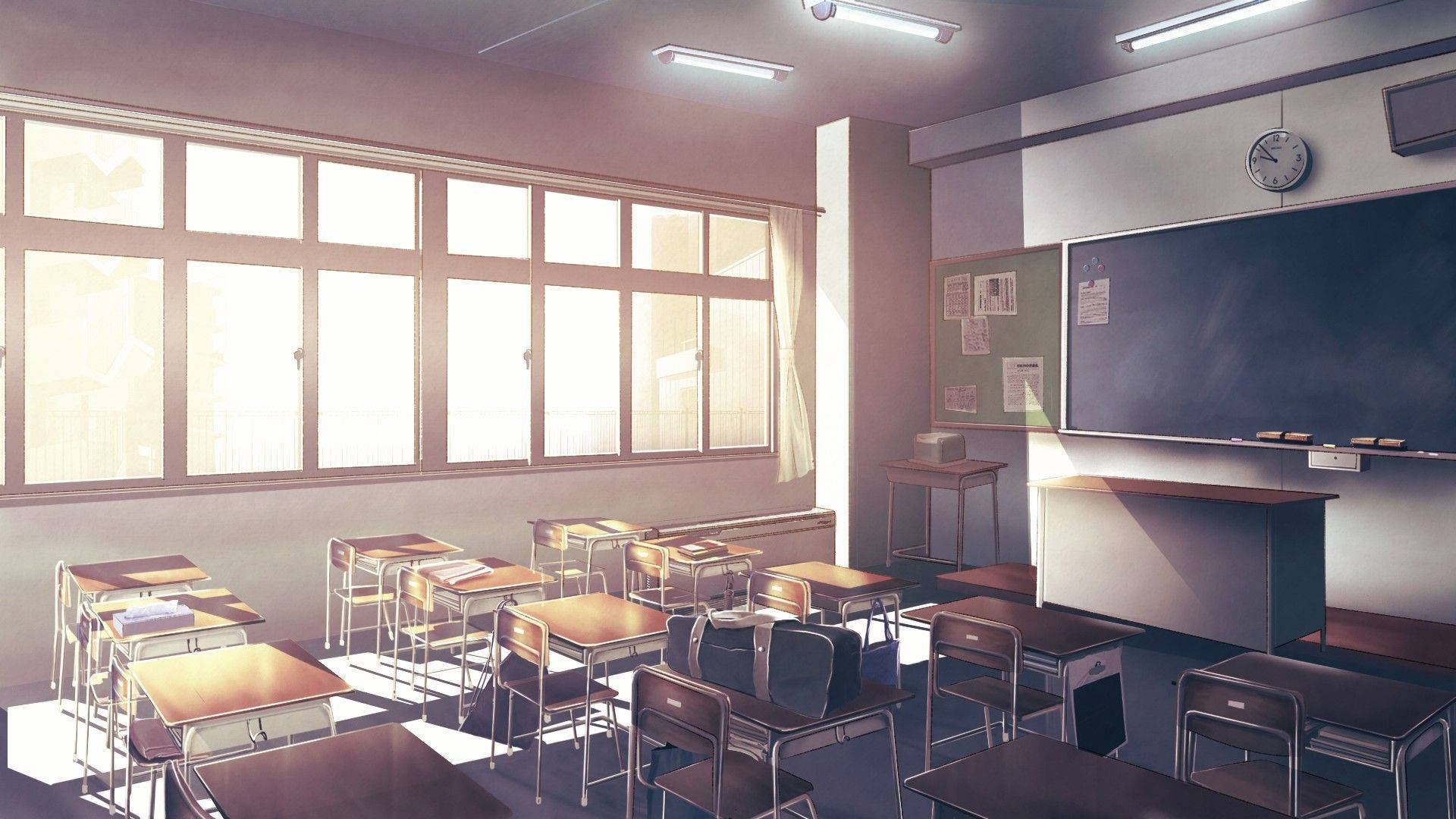 Anime Classroom With Beautiful Lighting Wallpaper