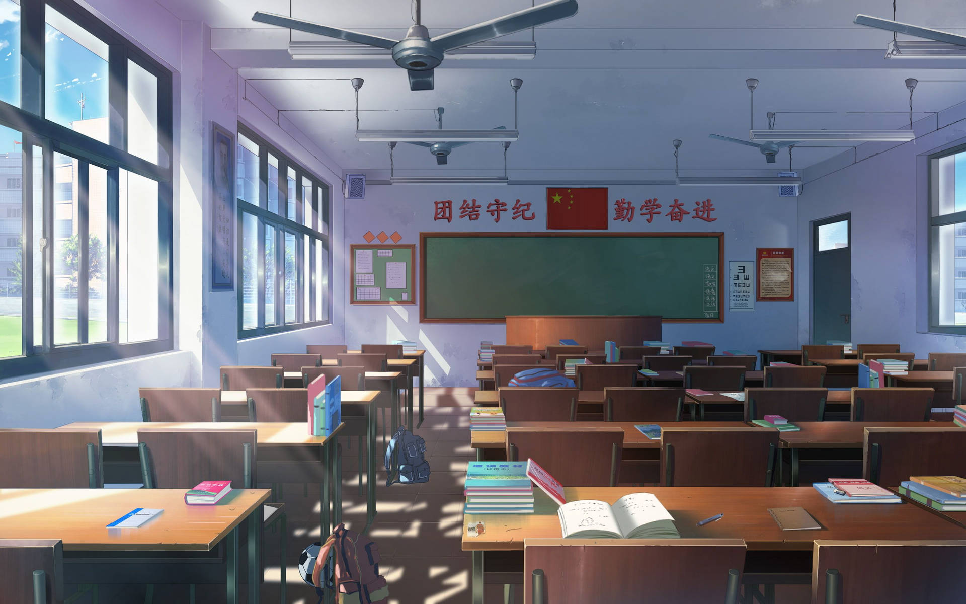 Anime Classroom With Ceiling Fans Wallpaper