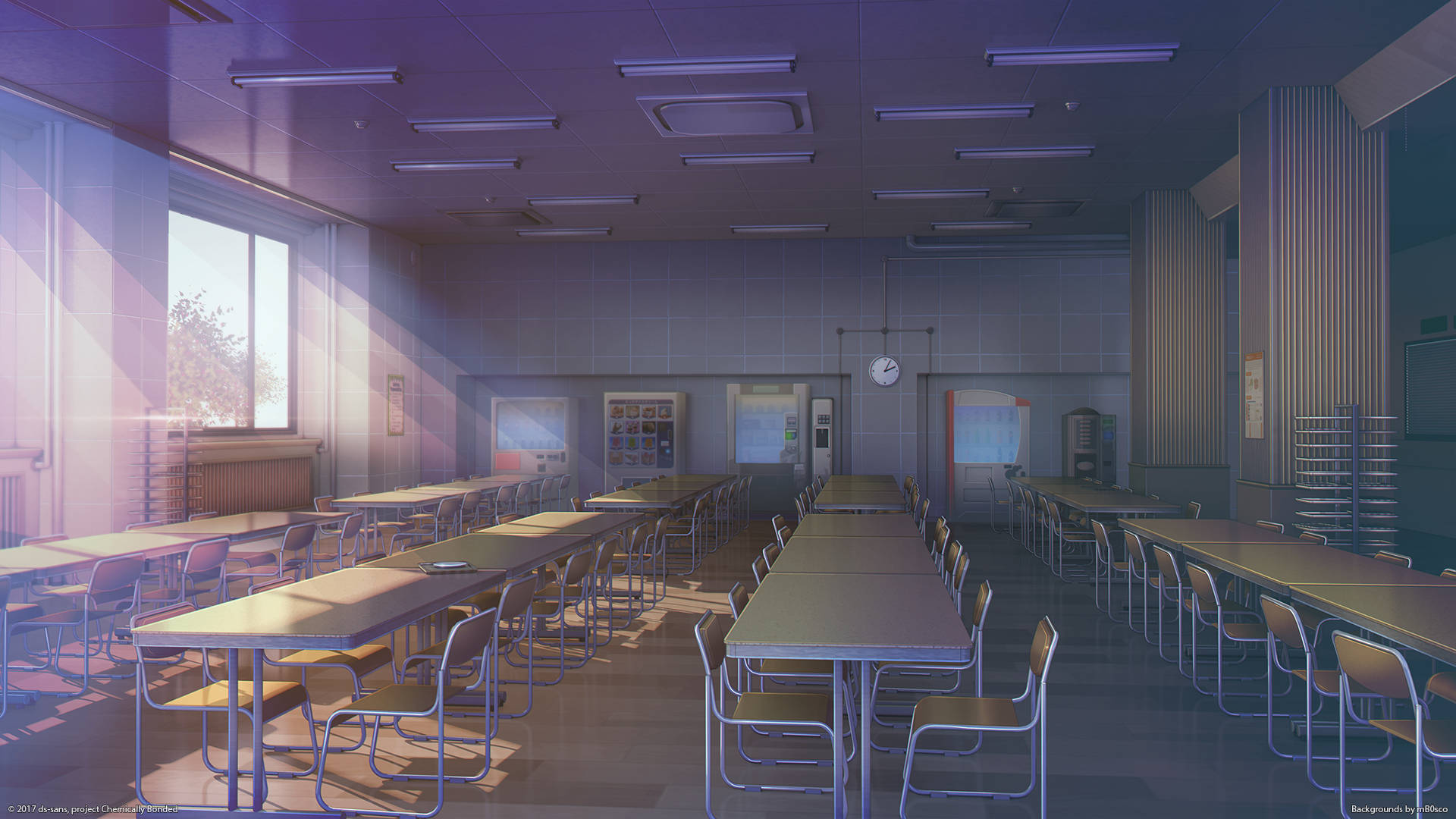 Anime Classroom With Long Tables Wallpaper