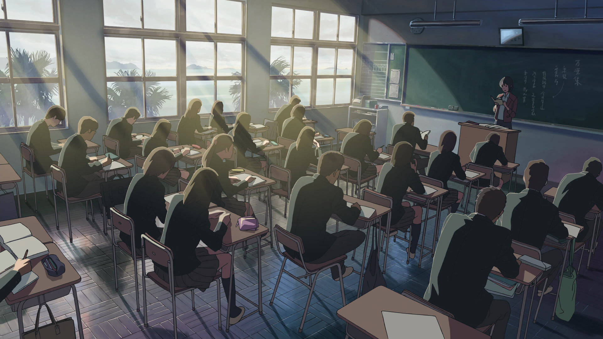 Fondode Pantalla De Un Aula De Anime Con Estudiantes. Fondo de pantalla