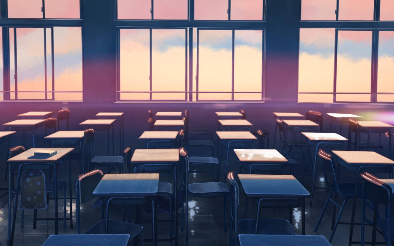 Animeklasseværelse Med Solnedgangsbelysning. Wallpaper