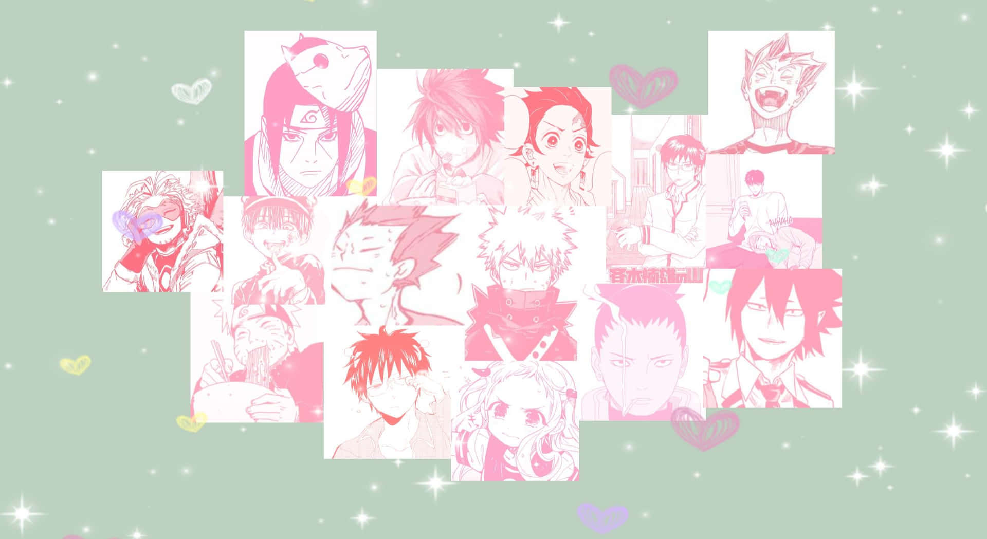 Anime Collage Wallpaper Groene Pastel Achtergrond