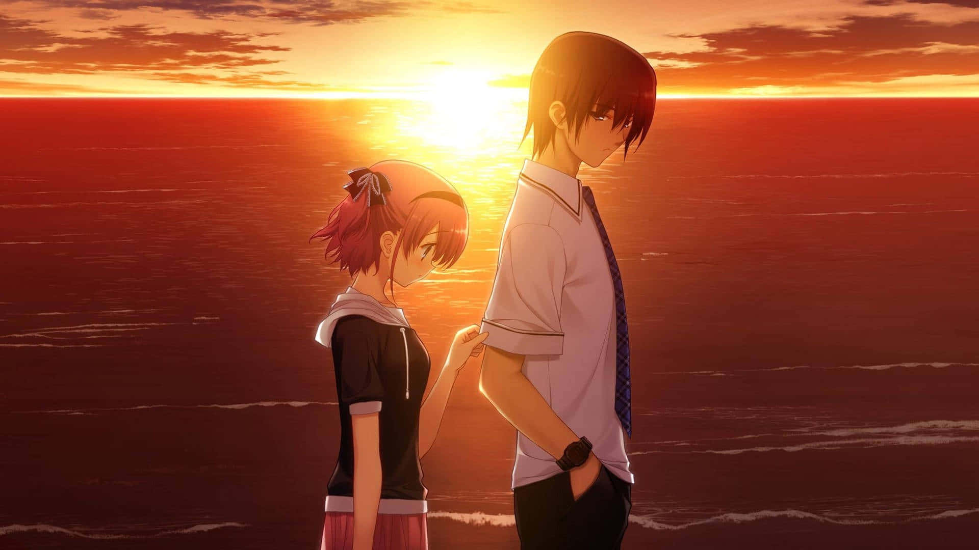 Two Anime Characters Standing In The Ocean At Sunset