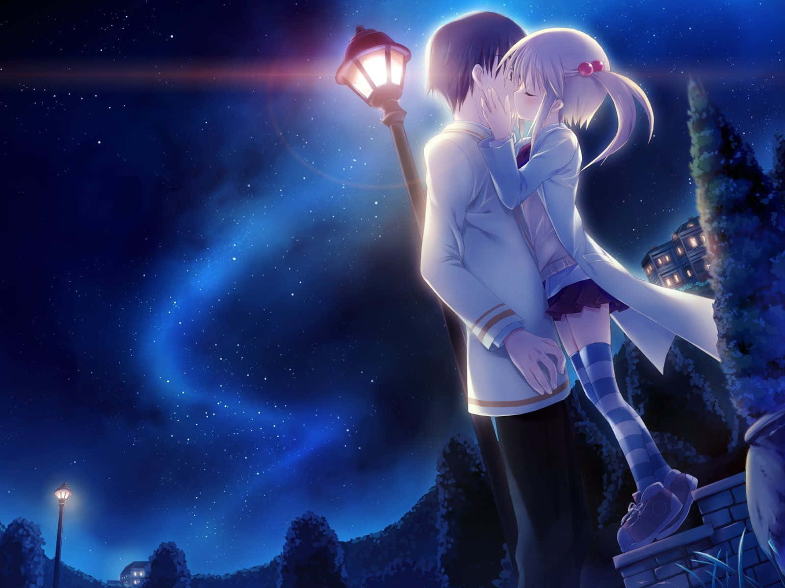 Animepaar Entspannt Sich In Einer Romantischen Umarmung