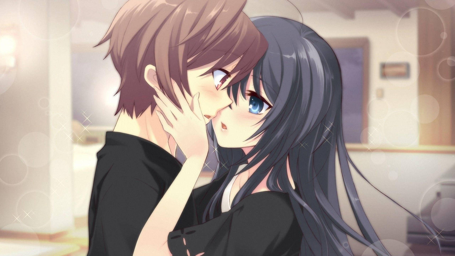 Anime Couple Hug Almost Kiss Wallpaper
