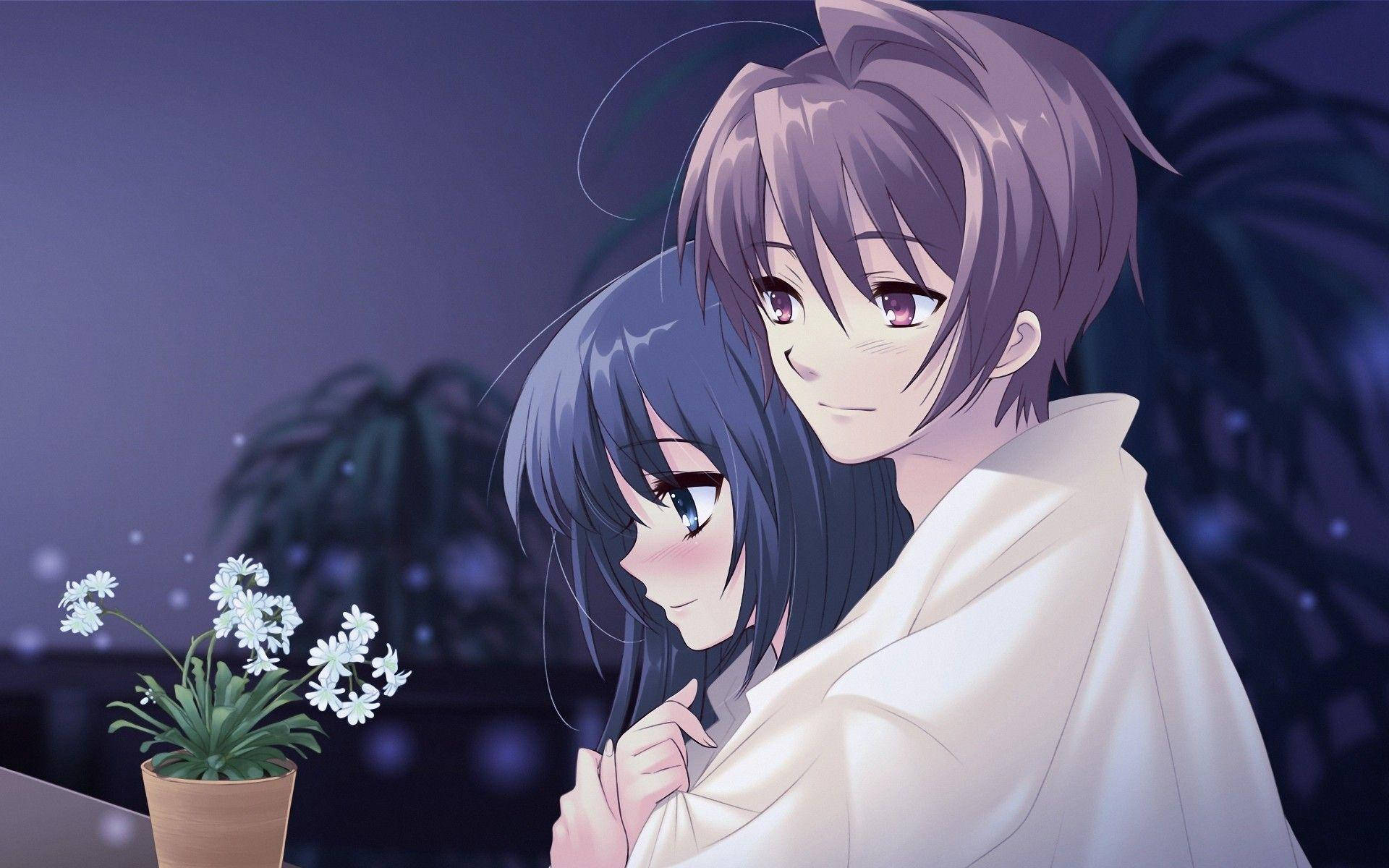 Download Anime Couple Hug Blanket Wallpaper 