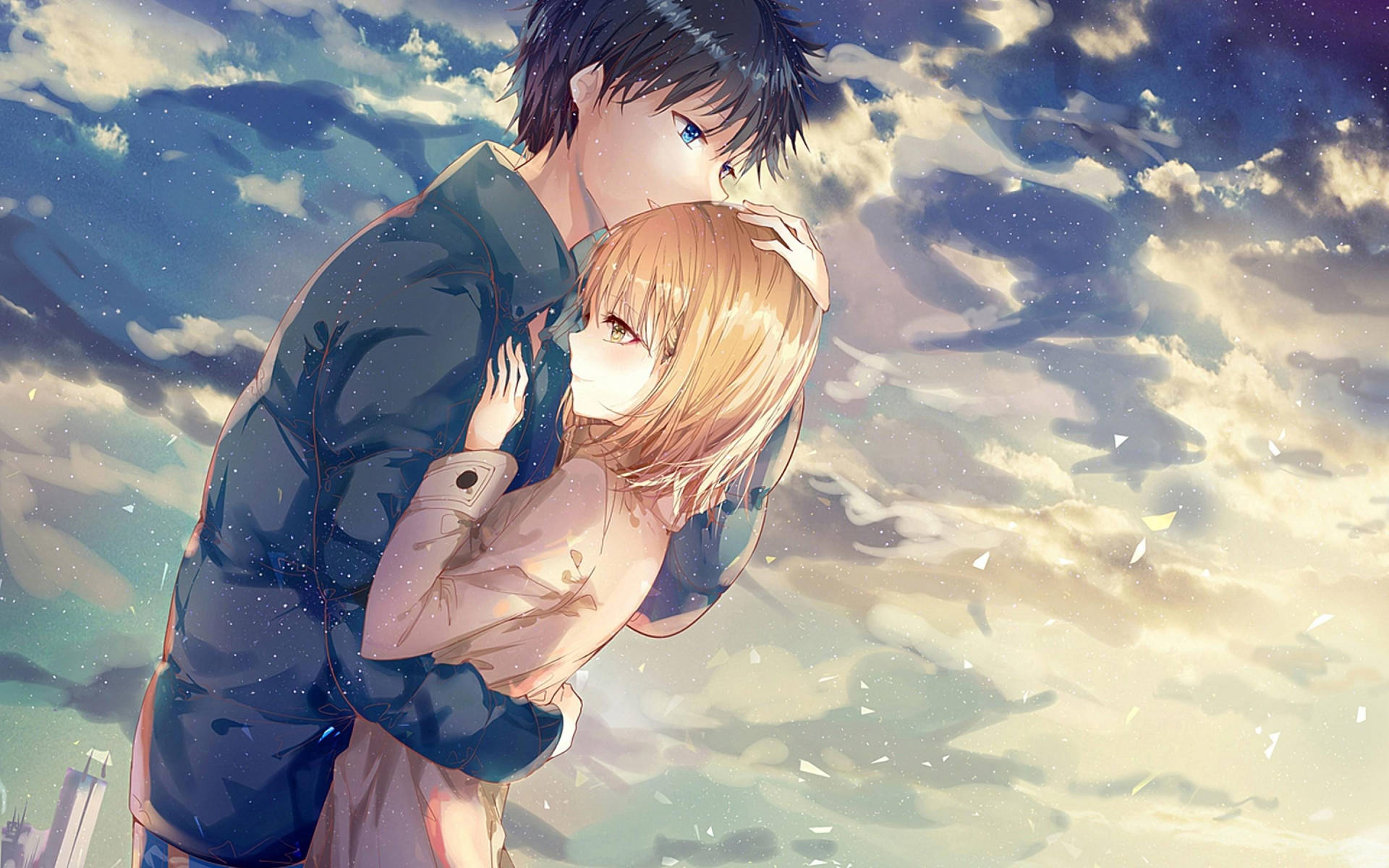Anime Couple Hug Cloudy Day Background