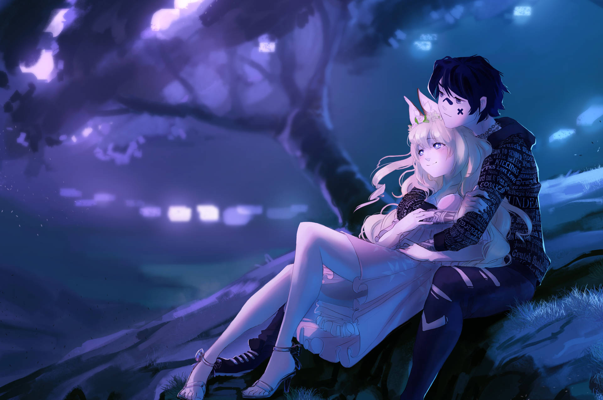 Anime Couple Hug Night Wallpaper