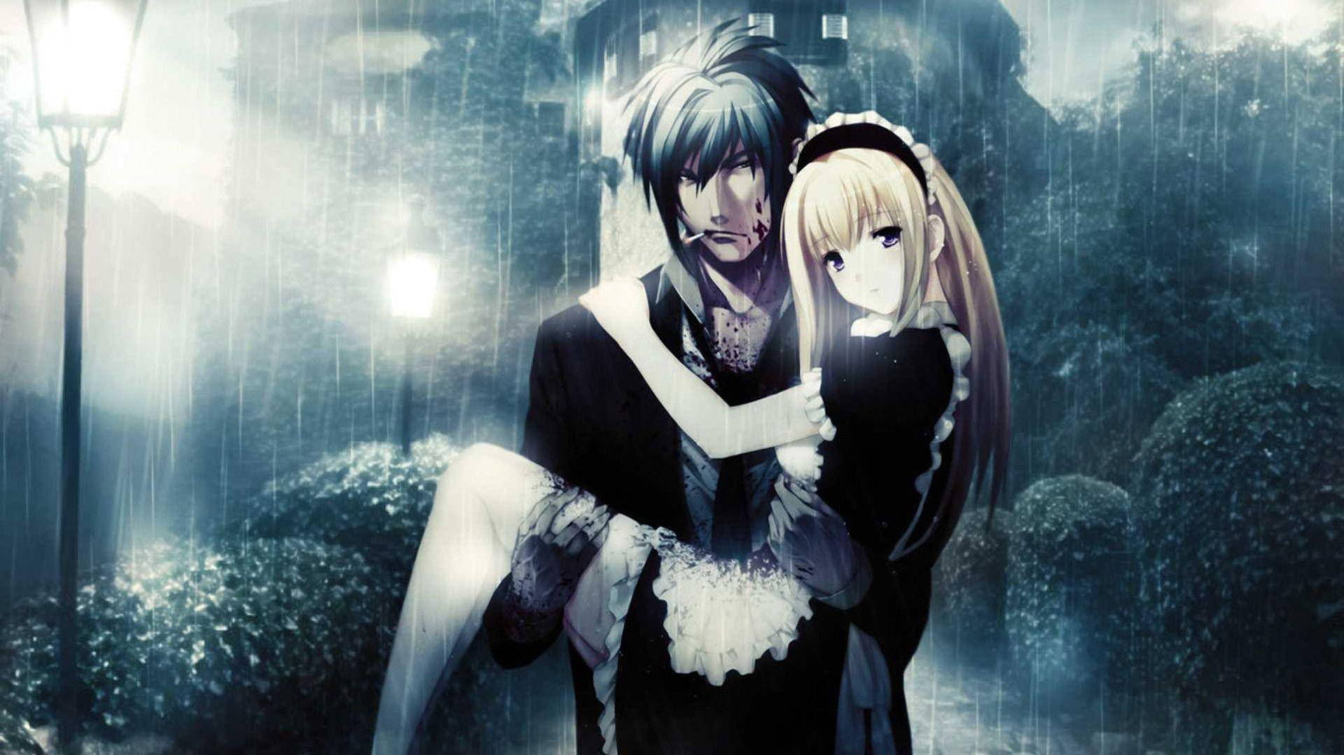 Download Anime Couple Hug Rainy Day Wallpaper 