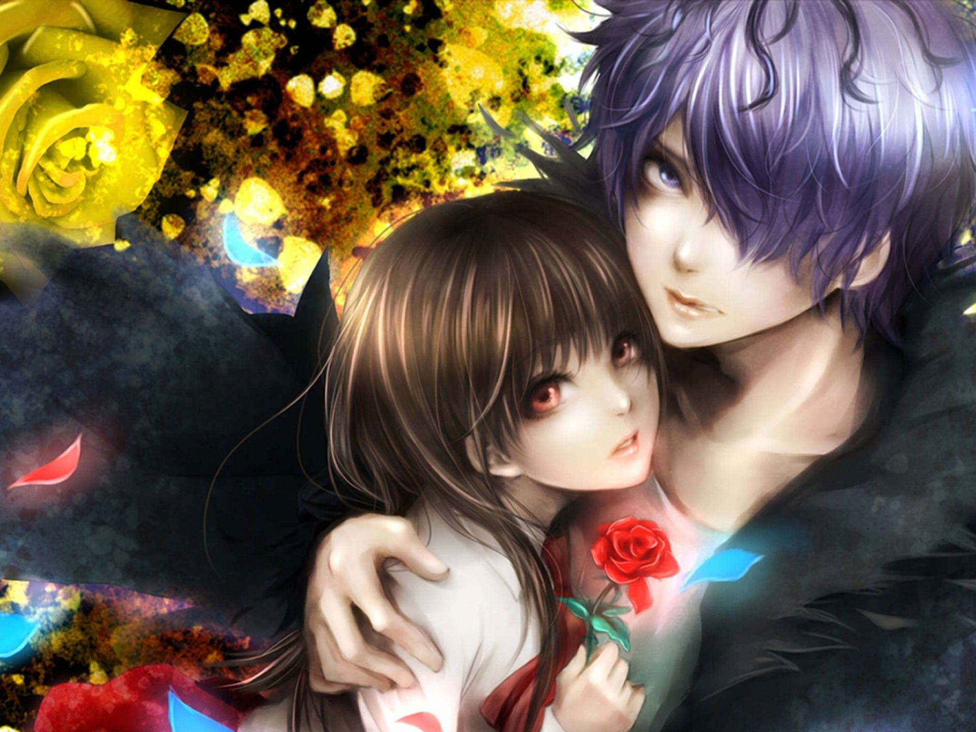 Anime Couple Hug Rose Wallpaper