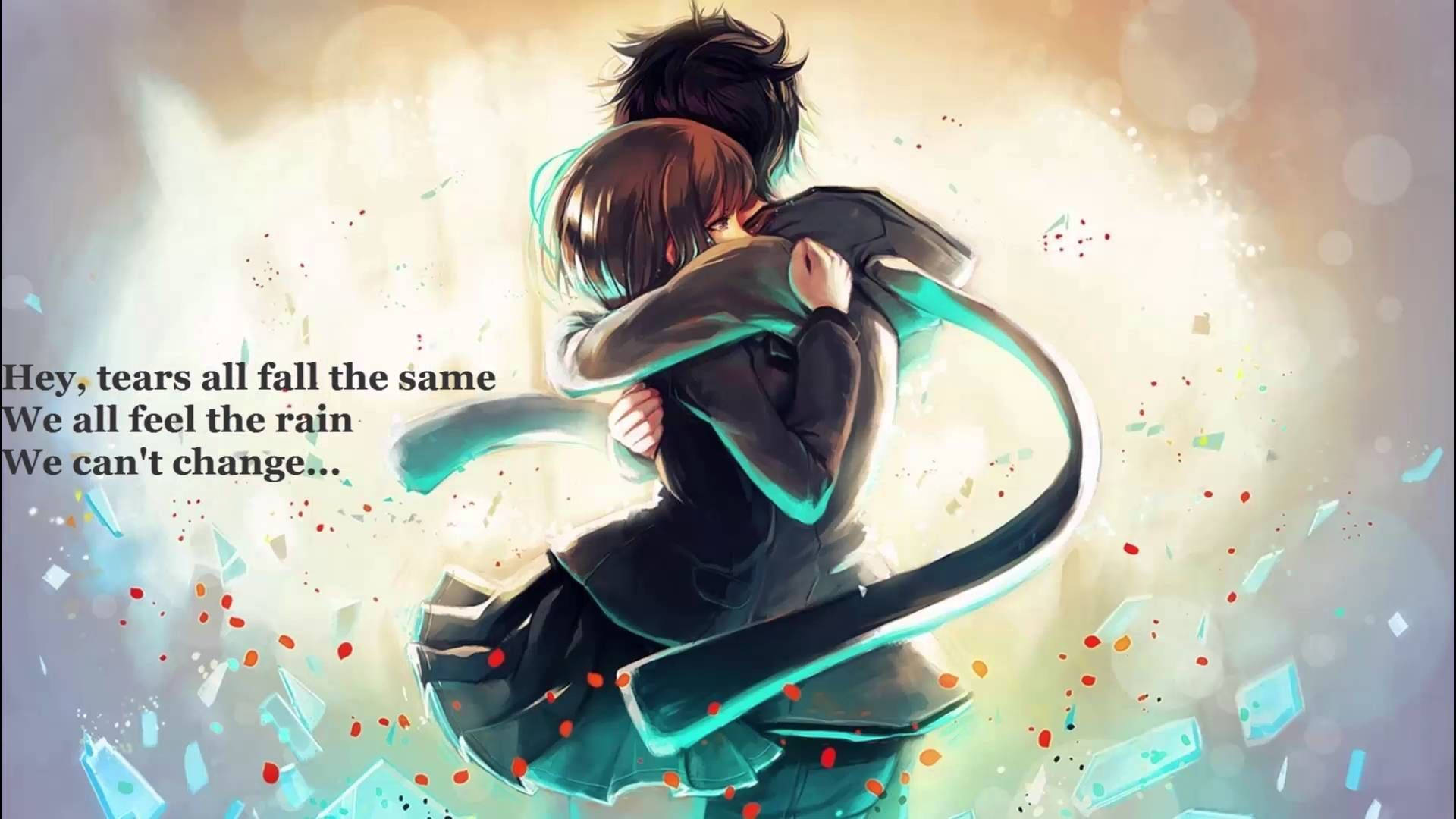 Download Anime Couple Hug With Quote Wallpaper 