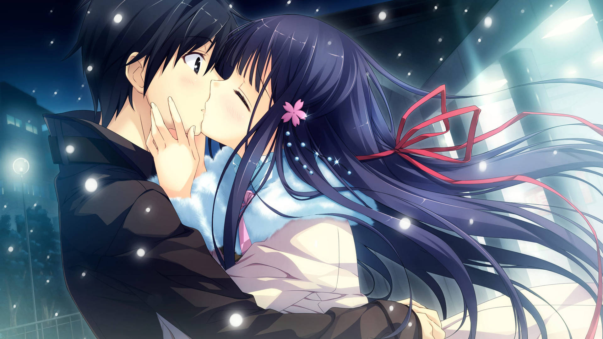 Download Anime Couple Kiss Blue Haired Wallpaper 