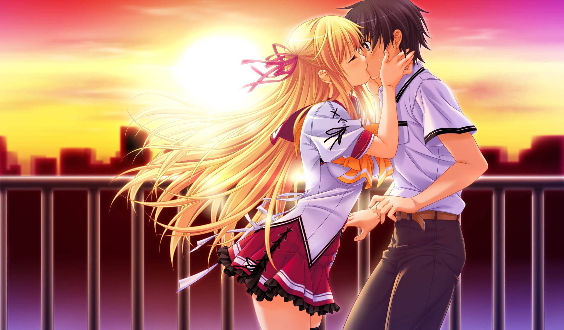 Anime Couple Kiss During Beautiful Sunset Wallpaper