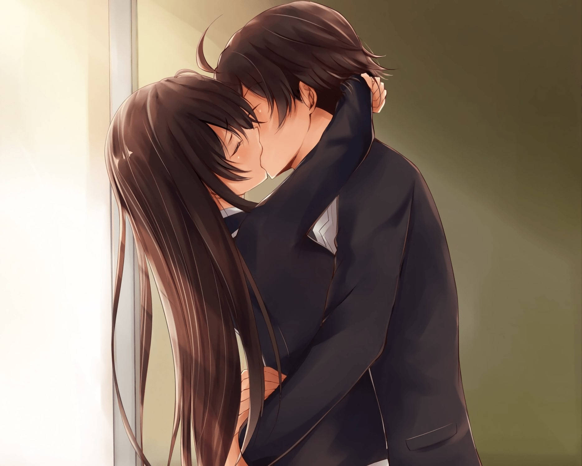 Anime Couple Kiss In School Uniform Wallpaper