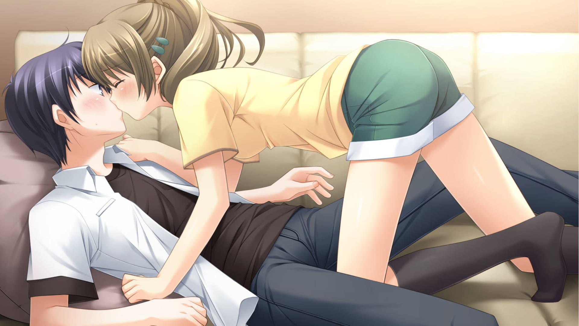 Download Anime Couple Kiss On A Couch Wallpaper 