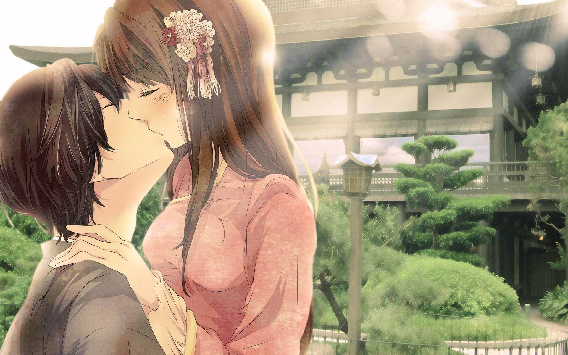 Download Anime Couple Kiss Outside The Temple Wallpaper 