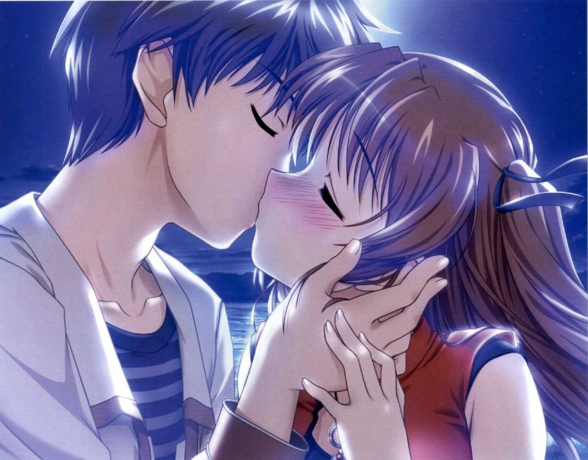 Download Anime Couple Kiss Under Moonlight Wallpaper 