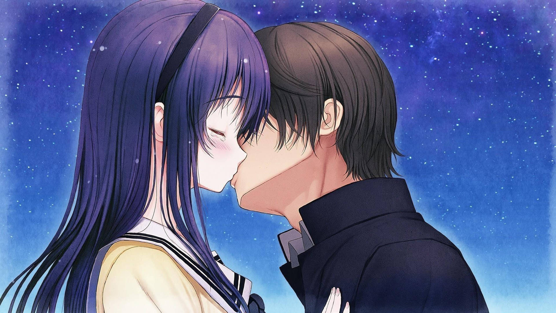 Animepaar Küsst Sich Unter Dem Sternklaren Nachthimmel. Wallpaper