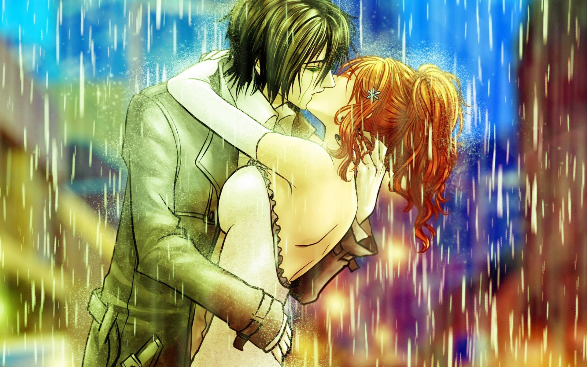 Animepaar Küsst Sich Im Regen Wallpaper