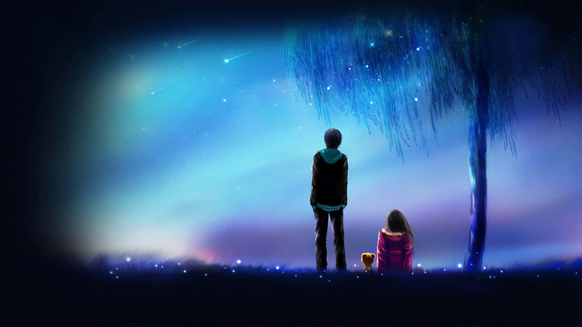 Parejade Anime Mirando Hacia El Cielo Nocturno De Anime. Fondo de pantalla